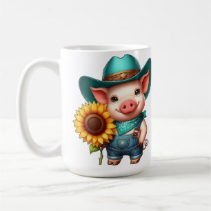 Caneca De Café Porquinho encantador com roupa de cowboy e girasso