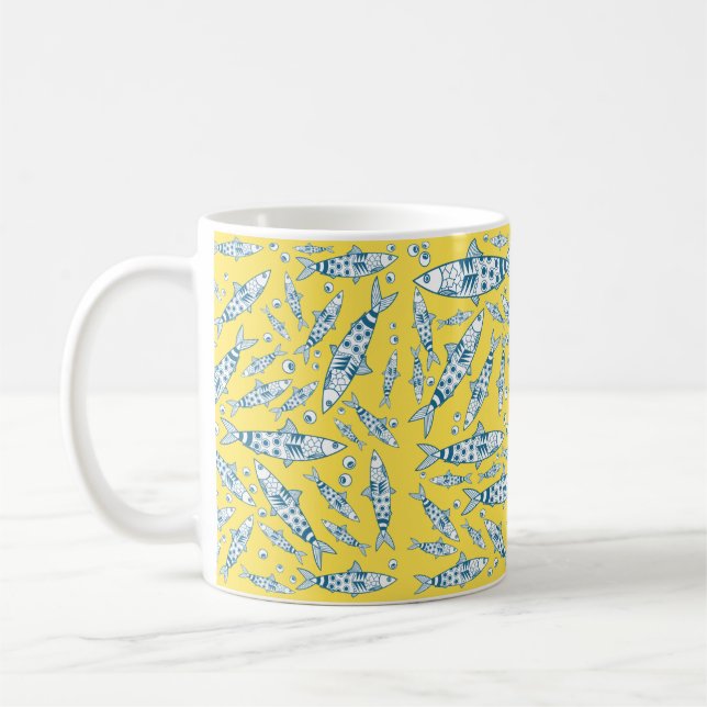 Caneca De Café Português Lisboa Sardinha Padrão Azulejos Amarelo (Esquerda)