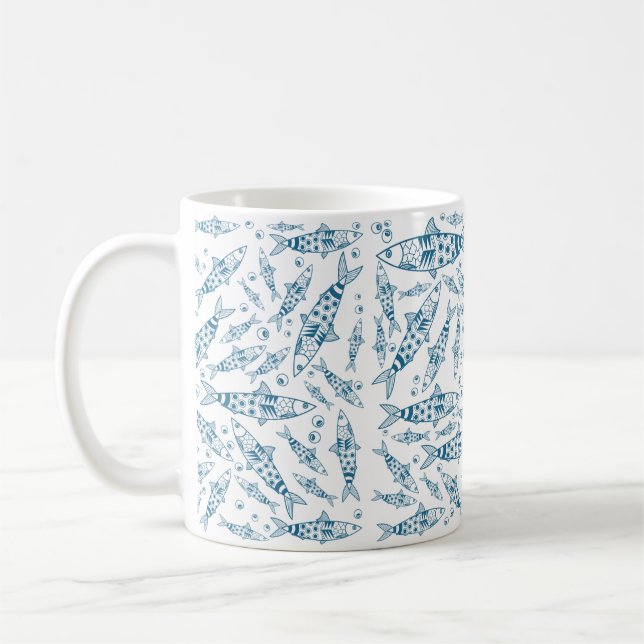Caneca De Café Português Lisboa Sardinha Padrão Azulejos Branco (Esquerda)