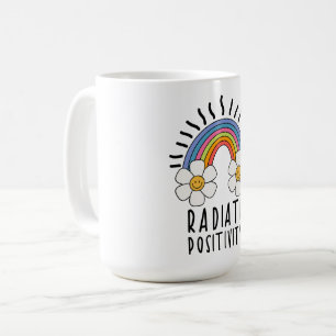Caneca De Café Positividade radiada Arco-Íris e flores colorida