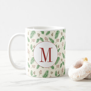 Caneca De Café Povovergreen Winter Floral Inicial Monograma Natal