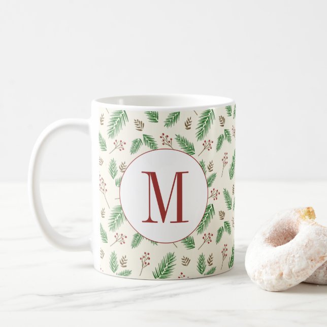 Caneca De Café Povovergreen Winter Floral Inicial Monograma Natal (Com Donut)