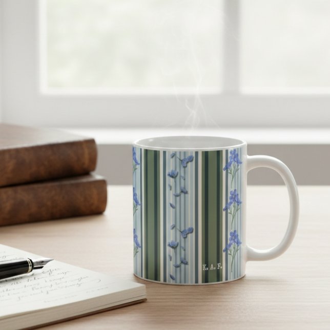 Caneca De Café Powder Blue Teal Striped Floral Mug (Criador carregado)
