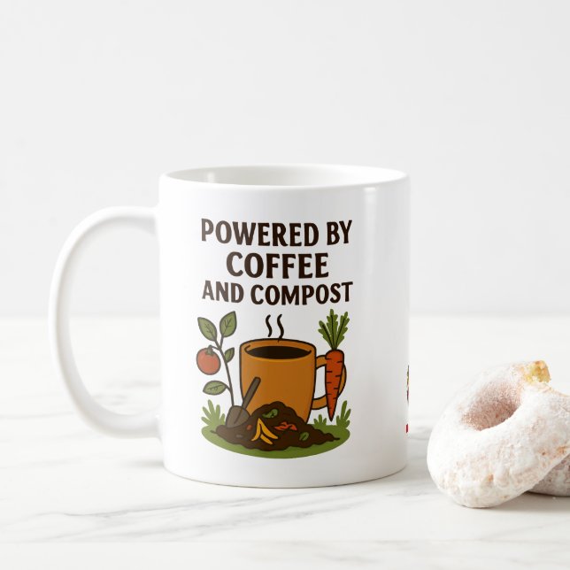 Caneca De Café Powered By Coffee And Compost @TLCInTheGarden  (Com Donut)