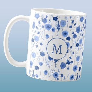 Caneca De Café Prado Botânico de Flor Silvestre Azul Branco Monog
