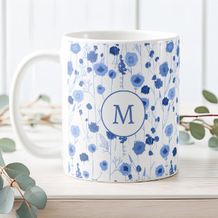 Caneca De Café Prado Botânico de Flor Silvestre Azul Branco Monog