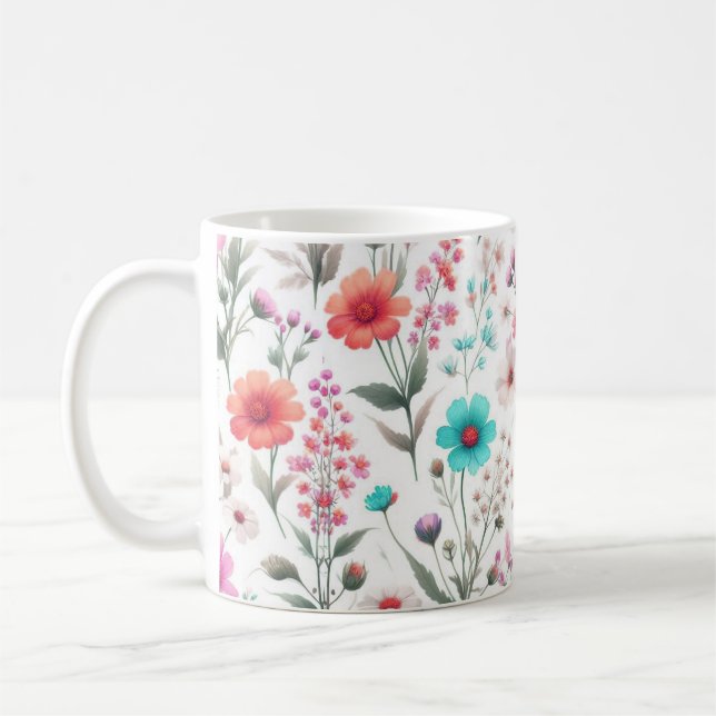 Caneca De Café Prado de flores silvestres branco, verde, azul, ma (Esquerda)