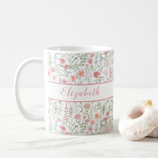 Caneca De Café Prado de Flores Silvestres Coquette Personalizado  (Com Donut)