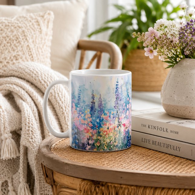 Caneca De Café Prado de Flores Silvestres em Aquarela Pastel (Criador carregado)