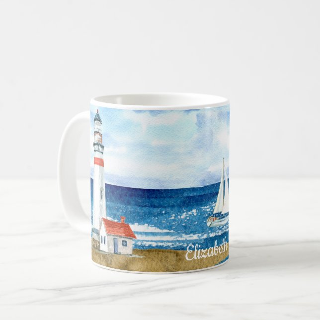 Caneca De Café Praia de veleiro de farol de aquarela personalizad (Frente Esquerda)