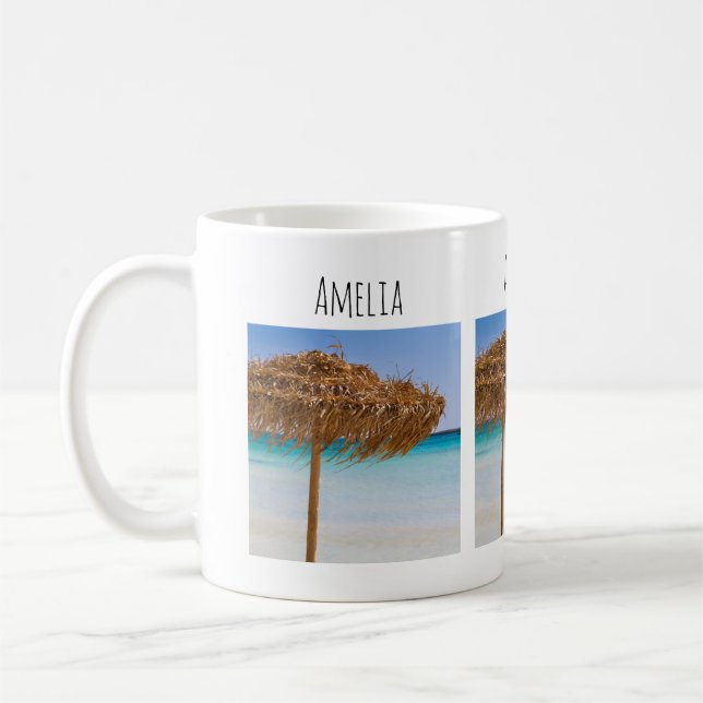 Caneca De Café Praia Tropical Cênica com Guarda-Sol de Palha (Esquerda)