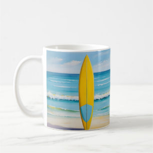 Caneca De Café Prancha de surf azul e amarela na praia