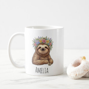 Caneca De Café Preguiça Floral Fofa Personalizada com Coroa de Fl