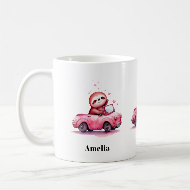 Caneca De Café Preguiça Fofa Dirigindo um Conversível Rosa (Esquerda)