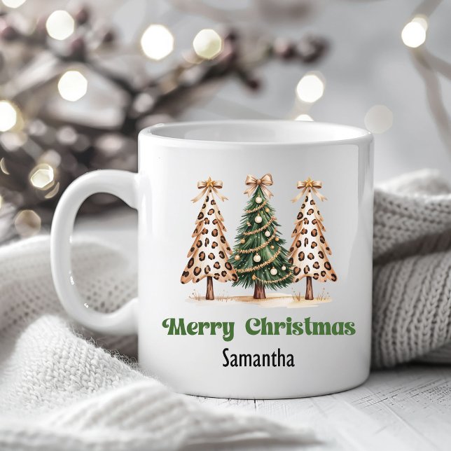Caneca De Café Premium Leopard Christmas Trees Custom Name Mug (Premium Leopard Christmas Trees Custom Name Mug)