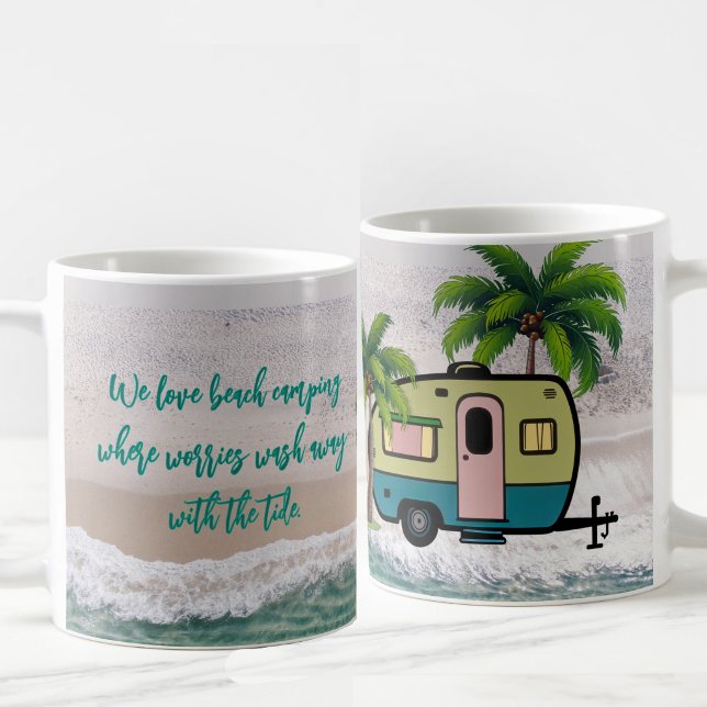 Caneca De Café Preocupações se Esvaem Acampando na Praia (Criador carregado)