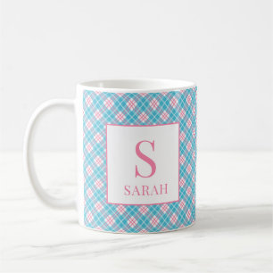 Caneca De Café Preppy Argyle Rosa Azul Nome Personalizado