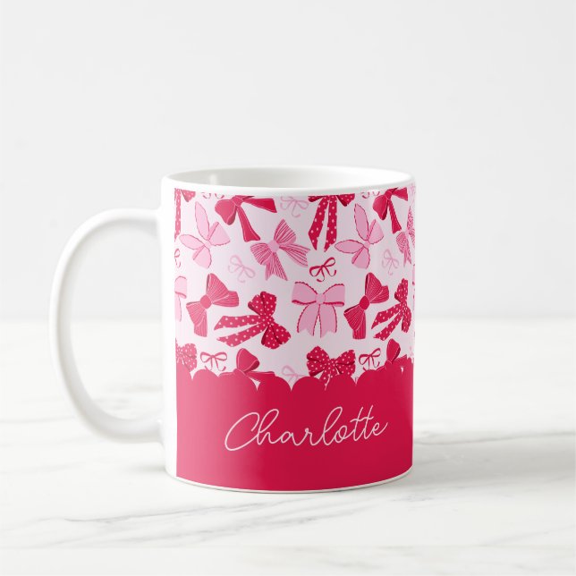 Caneca De Café Preppy Hand Drawn Coquette Pink Red Bows (Esquerda)