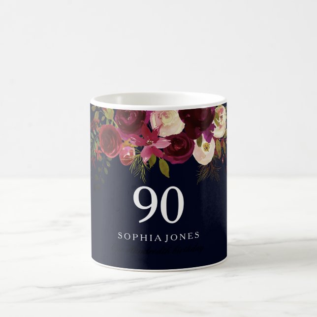 Caneca De Café Presente de aniversário do Marinho Azul 90 Floral  (Centro)