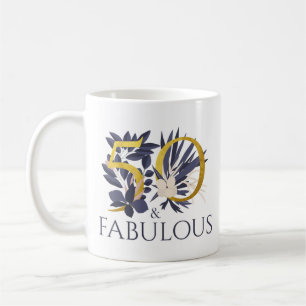 Caneca De Café Presente de Aniversário Elegante 50 e Azul Dourado
