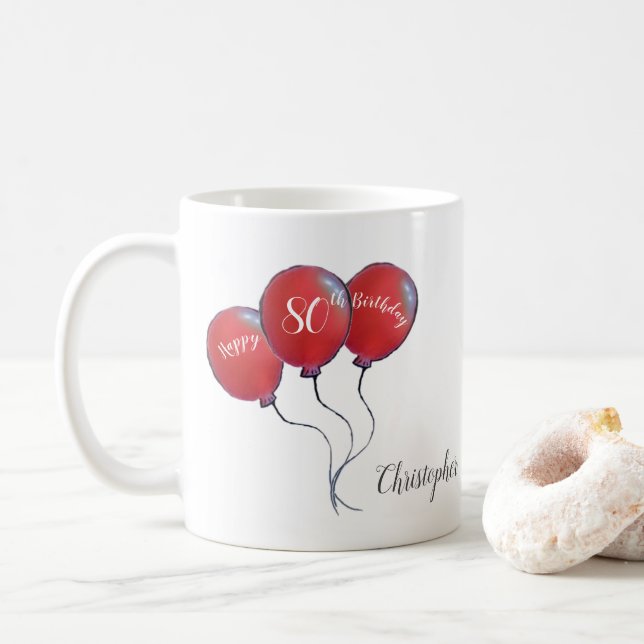 Caneca De Café presente de balão vermelho de 80 aniversário (Com Donut)