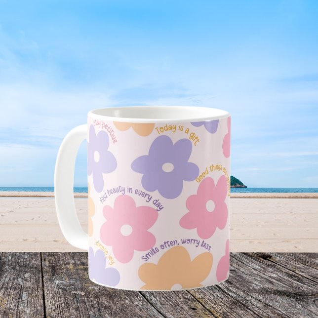 Caneca De Café Presente de Citação Floral Groovy, Autocuidado Pos (Criador carregado)