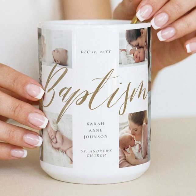Caneca De Café Presente de Colagem de Fotos de Batismo com Caligr (Baptism Gold Calligraphy Photo Collage Keepsake Coffee Mug)