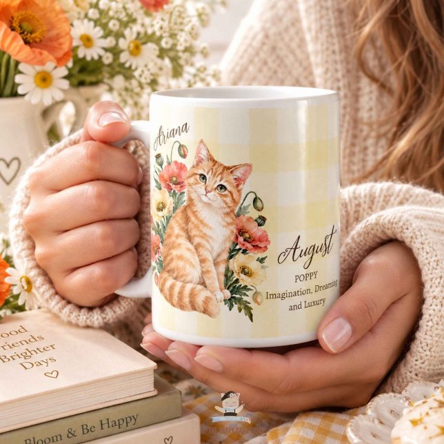 Caneca De Café Presente de Dama de Honra com Cravo Flor de Nascim (August Birth Flower Carnation Cat Bridesmaid Gift Coffee Mug)