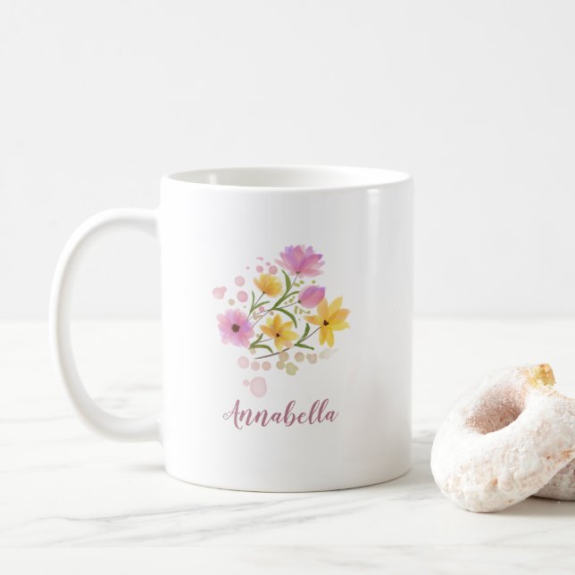 Caneca De Café Presente de Flores Silvestres em Aquarela (Com Donut)