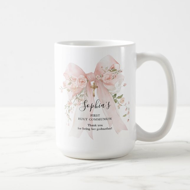 Caneca De Café Presente de Madrinha Primeira Comunhão Laço Rosa R (Direita)