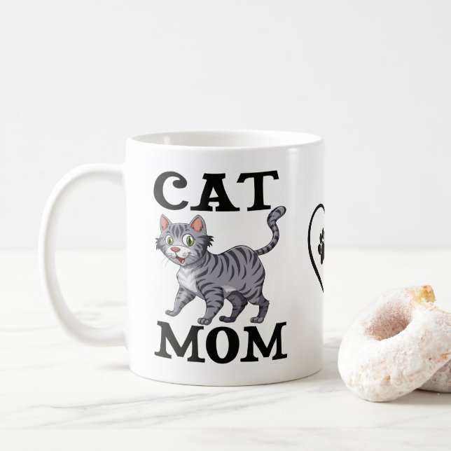 Caneca De Café Presente de Mãe de Gato Fofo Gato Cinza Tabby Tigr (Com Donut)