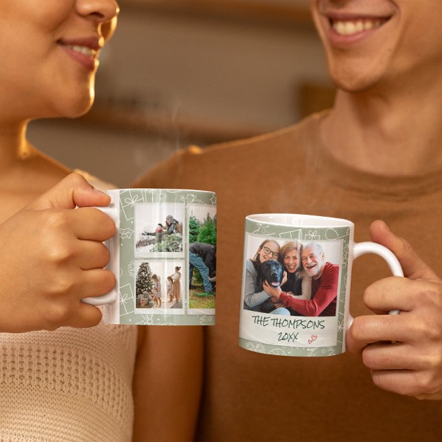 Caneca De Café Presente de Natal Branco Verde Doodles 6 Foto Famí (Criador carregado)