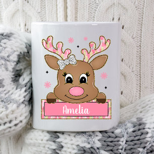 Caneca De Café Presente de Natal Rena Antler Pink Personalizado