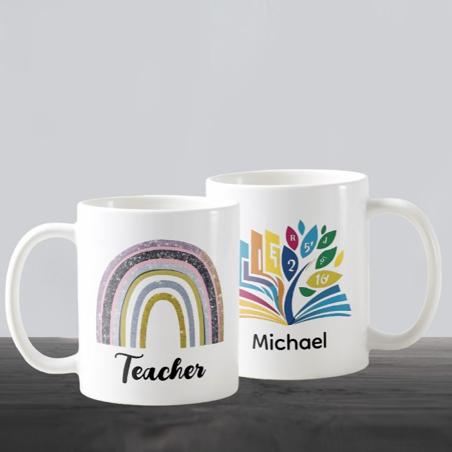 Caneca De Café Presente De Volta À Escola | Arco-Íris Dourado (Elevate your teacher's daily routine with our stylish gold glitter rainbow personalized coffee mug.)