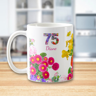 Caneca De Café Presente Personalizado Boho Floral para os 75 Anos