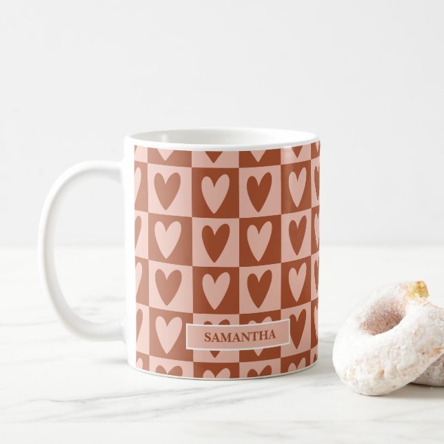 Caneca De Café Presente Terracota Boho Corações Dia dos Namorados (Com Donut)