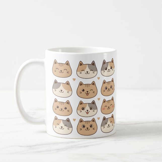 Caneca De Café Presentes com Rostos de Gato Fofos Padrão Neutro (Esquerda)