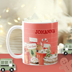 Caneca De Café Presentes de Natal com Aquarela Rosa Festivo e Fem