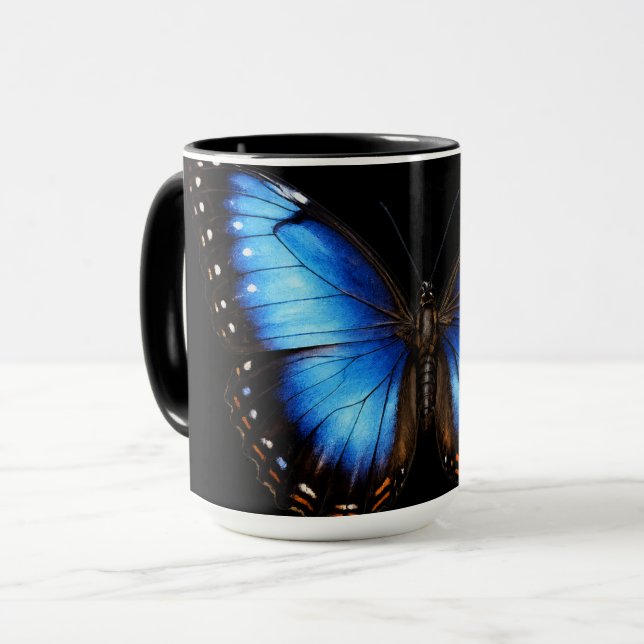 Caneca de Café Preta Borboleta Azul (Frente Esquerda)