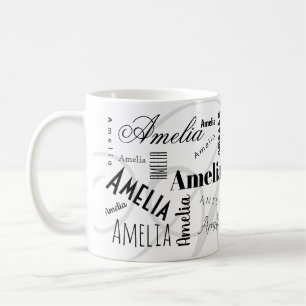 Caneca de Café Preta Branca Nome Personalizado Ame