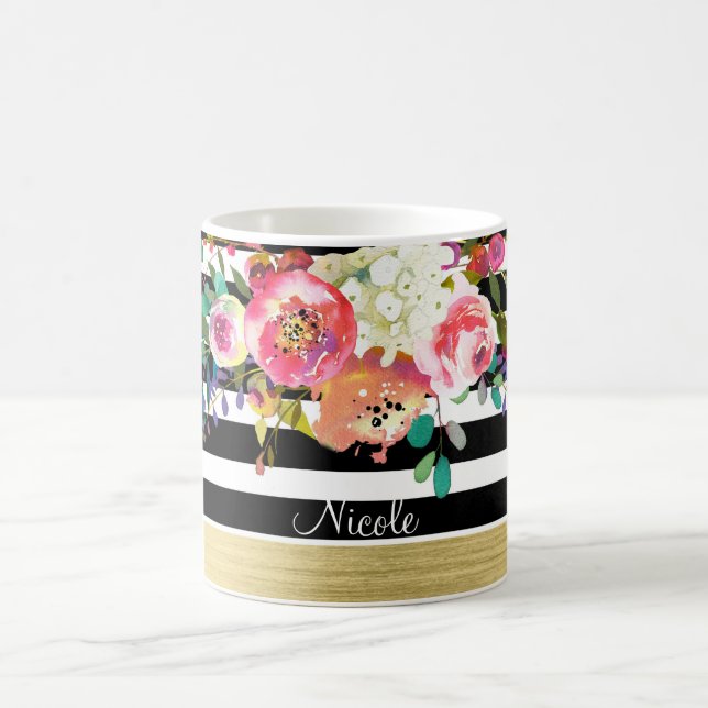 Caneca De Café Preto Branco Dourado Moderno Floral Glam Chique Pe (Centro)