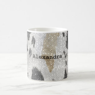 Caneca De Café Preto Branco Dourado Vaca Estampa Animal Brilho