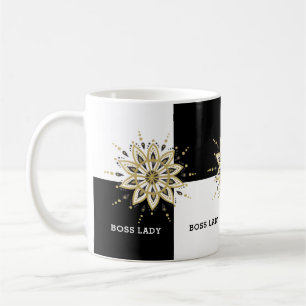 Caneca De Café Preto Branco e Dourado Mandala Chefe Lady Design