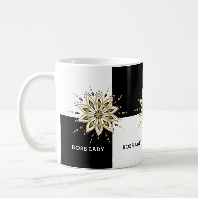 Caneca De Café Preto Branco e Dourado Mandala Chefe Lady Design (Esquerda)