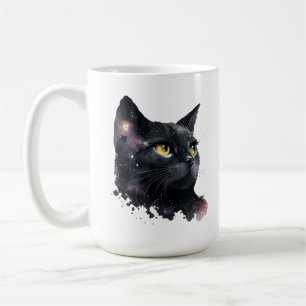 Caneca De Café Preto Cósmico Gato Aquarela Fresco Noite Felino