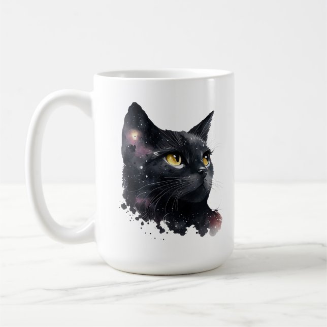 Caneca De Café Preto Cósmico Gato Aquarela Fresco Noite Felino (Esquerda)