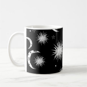 Caneca De Café Preto e Branco Caprichoso Sol Lua e Estrelas