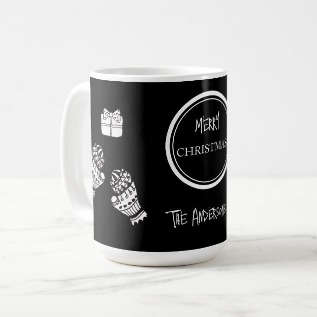 Caneca De Café Preto e Branco do Natal Moderno Personalizado (Frente Esquerda)