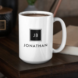 Caneca De Café Preto e Branco Modernos Monograma Inicial Nome