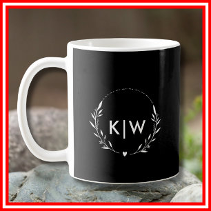 Caneca De Café Preto e Branco Monograma de Iniciais Modernas